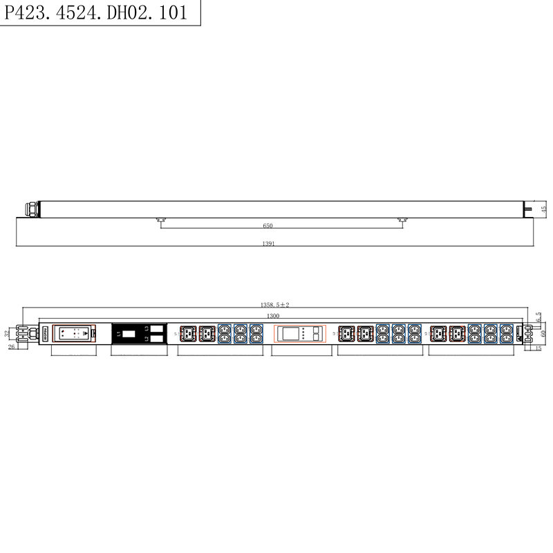 24 uttag 3-fas IEC C13 & C19 Låsbara uttag 1,5U vätskemagnetisk kretsbrytare Vertikal Hot-swapbar RS485 mätt Rack PDU