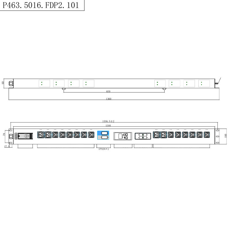 16 uttag IEC C13 IEC C19 Låsbart uttag Spänne utrustad 2,5U Hot Swappable Överspänningsskydd Vertikal Modbus-RTU RS485 mätt Rack PDU