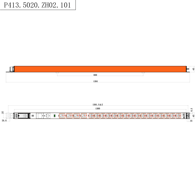 20 uttag IEC C13 IEC C19 låsbara uttag 1U Hot swappable Indicator Vertical RS485 Metered Rack PDU