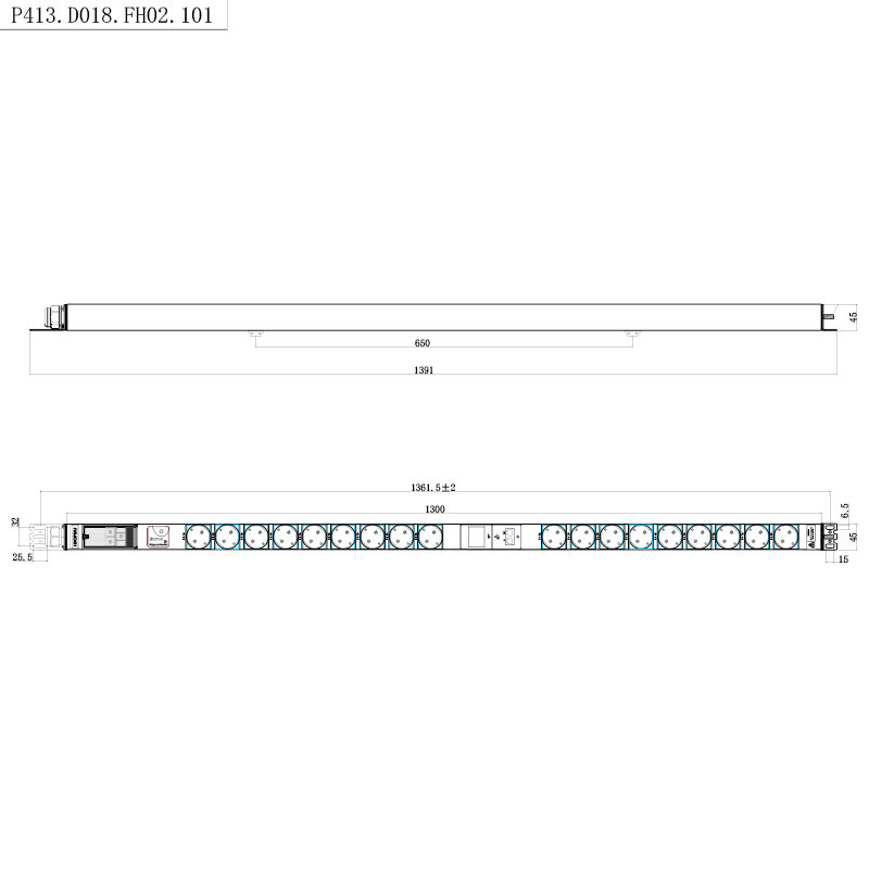 18 uttag Tyskland 1U överspänningsskydd Hot Swappable RS485 Metered Rack PDU